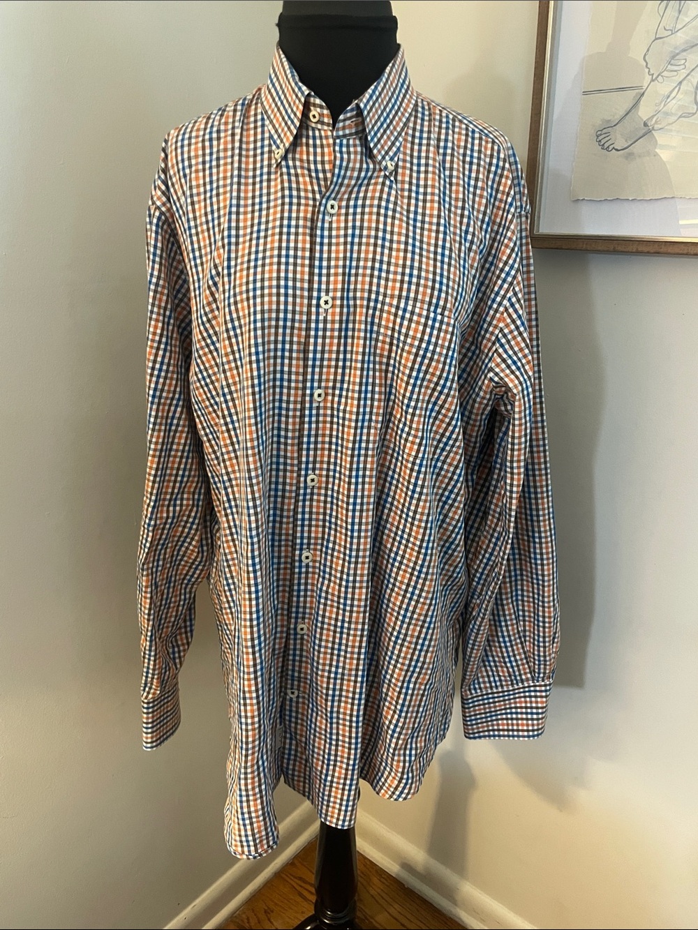 Peter Millar | Men's Long Sleeve Orange/Blue plaid button down-Size Large